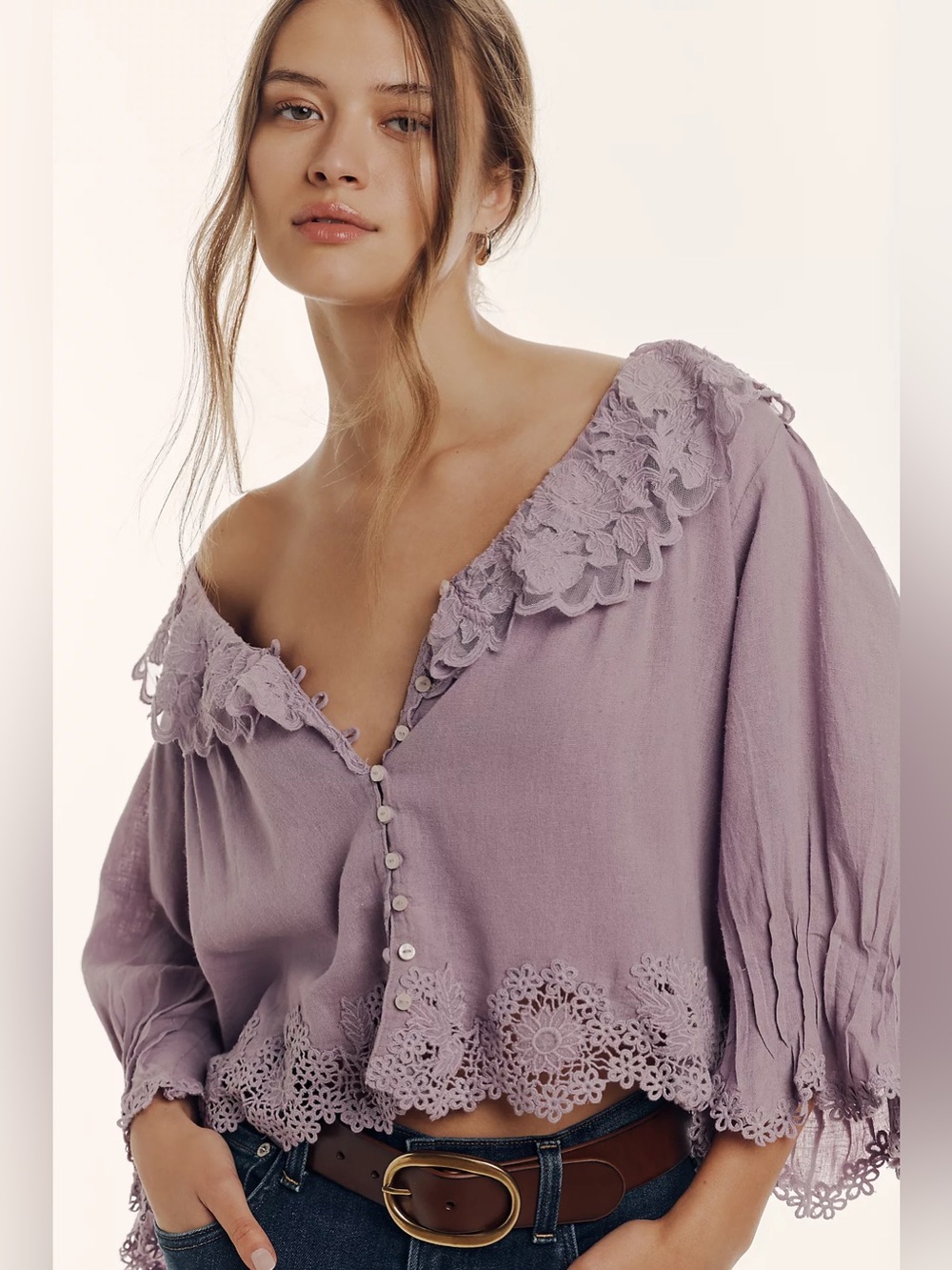 Anthropologie Linen Lace-Collar Blouse XL Light Purple Button Front